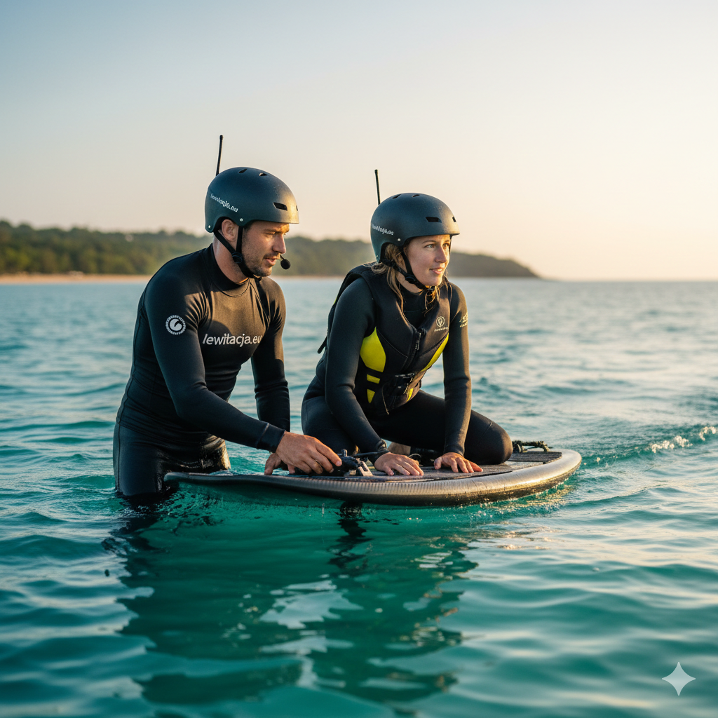 Instruktor lewitacja.eu uczy kursanta podstaw sterowania deską eFoil na wodzie.