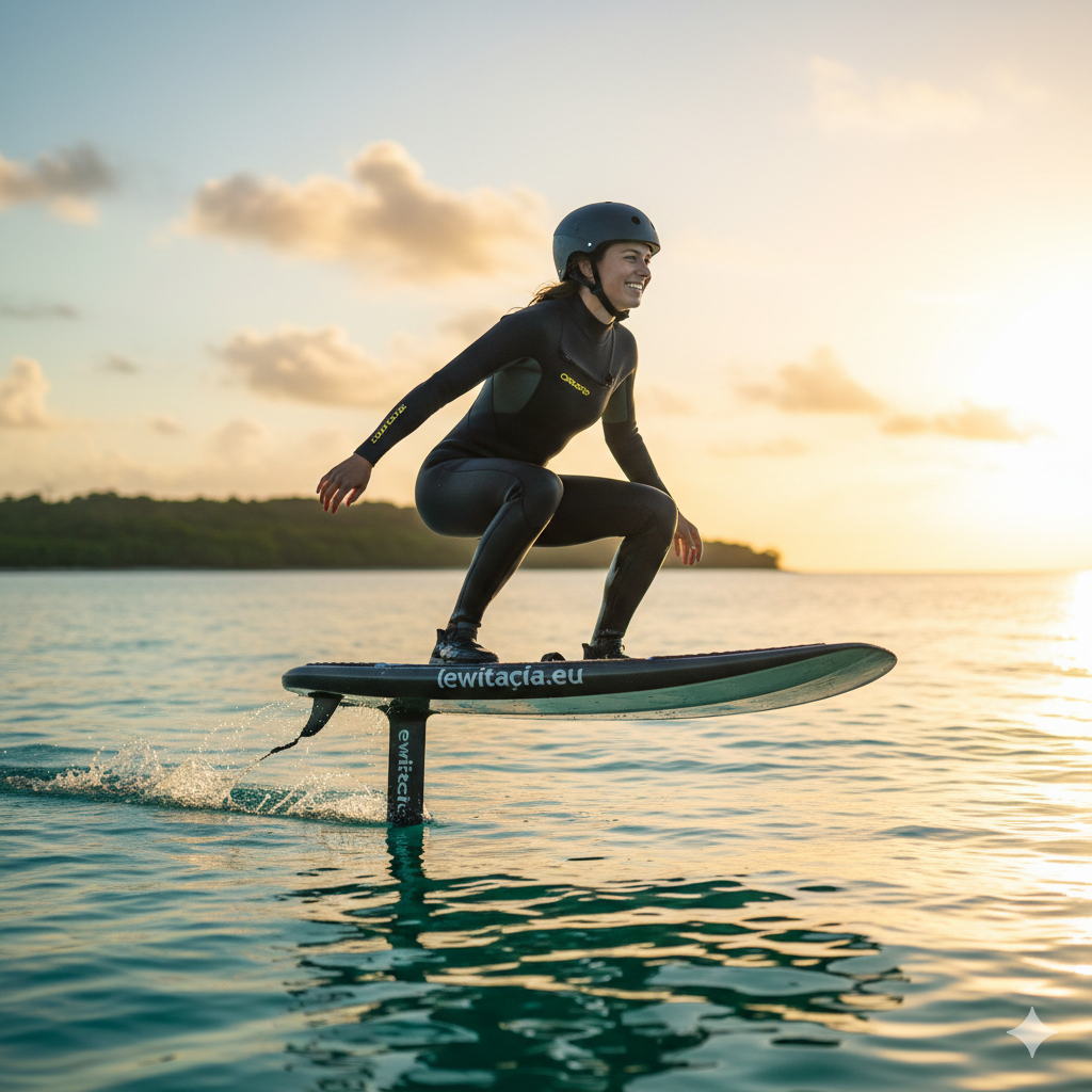 Uśmiechnięta kobieta lewitująca nad wodą na desce eFoil od lewitacja.eu.